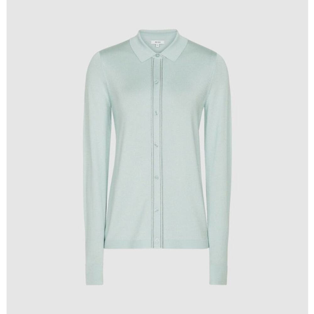 Reiss Ida Stitch Detail Button Through Knit Top Sage Green Size S Quiet Luxury